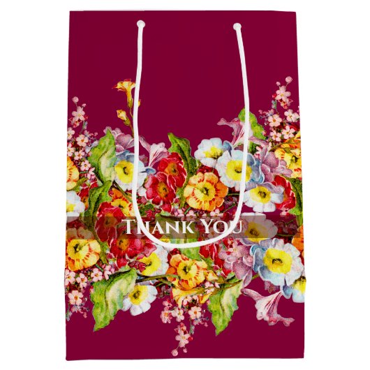 Oude bloemige lente primula's Cute Chic Burgundy Medium Cadeauzakje (Achterkant)