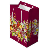 Oude bloemige lente primula's Cute Chic Burgundy Medium Cadeauzakje (Achterkant Gekanteld)