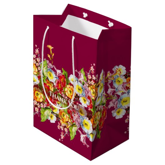 Oude bloemige lente primula's Cute Chic Burgundy Medium Cadeauzakje (Achterkant Gekanteld)