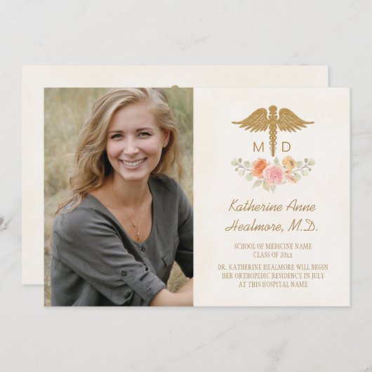 Oude Bloemige Medische Afstudeerceremonie Aankondiging (Voorkant / Achterkant)