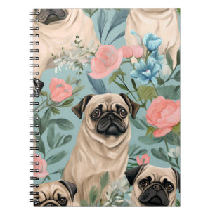 Oude Bloemige Pug Patroon Mooie Botanische Hond Notitieboek