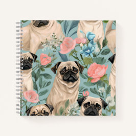 Oude Bloemige Pug Patroon Mooie Botanische Hond  Notitieboek