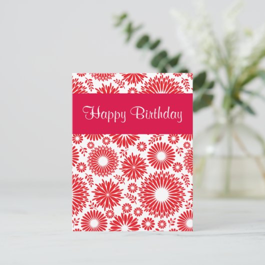 Oude bloemige rode verjaardagskaart briefkaart (Staand voorkant)