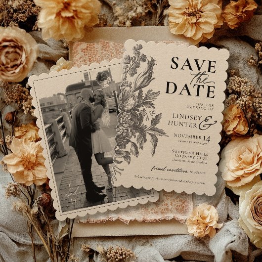 Oude Bloemige Rustieke Kraft Aangepaste Foto Bruil Save The Date