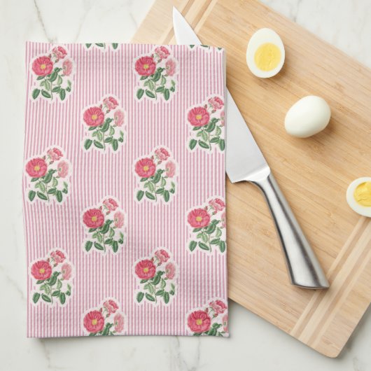 Oude Bloemige Wilde Rozen Roze Gestreepte Theedoek (Quarter Fold)