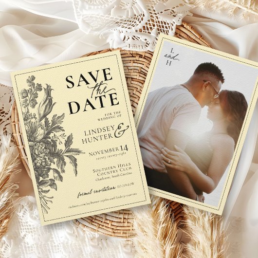 Oude Bloemige Zwarte & Boter Gele Foto Bruiloft Save The Date