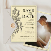 Oude Bloemige Zwarte & Boter Gele Foto Bruiloft Save The Date