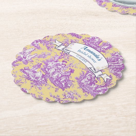 Oude bloemmotief gele paarse toile de jouy kartonnen onderzetters (Gekanteld)