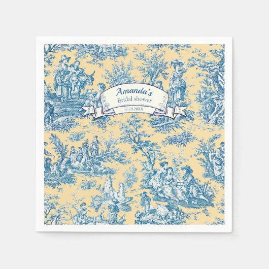 Oude bloemmotief gele turquoise toile de jouy servet (Voorkant)