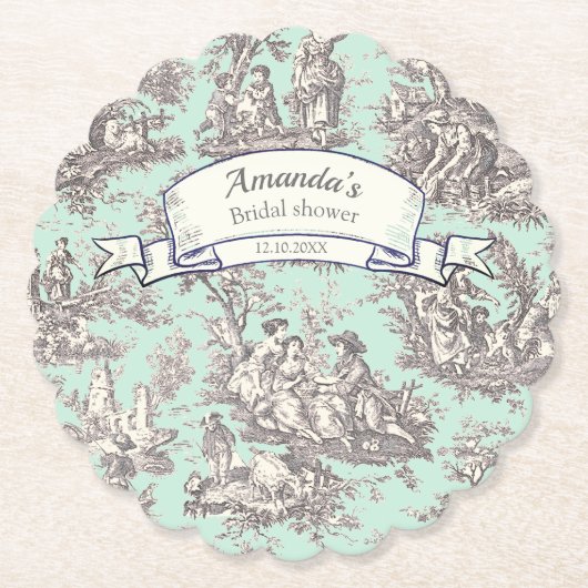 Oude bloemmotief lichtgrijze toile de jouy kartonnen onderzetters (Voorkant)