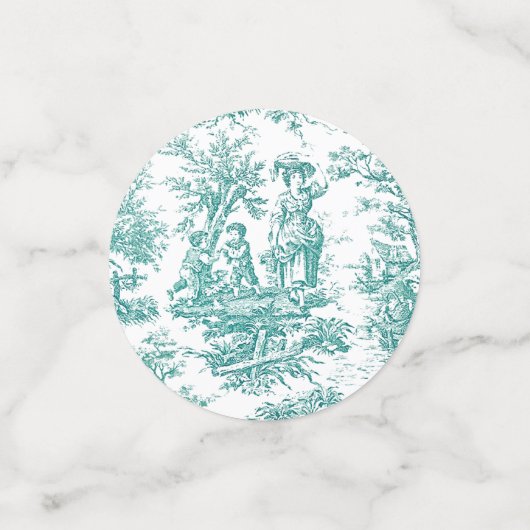 Oude bloemmotief turquoise toile de jouy confetti (Kleine voorkant)