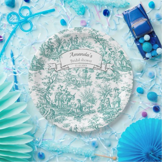Oude bloemmotief turquoise toile de jouy papieren bordje (Feest)