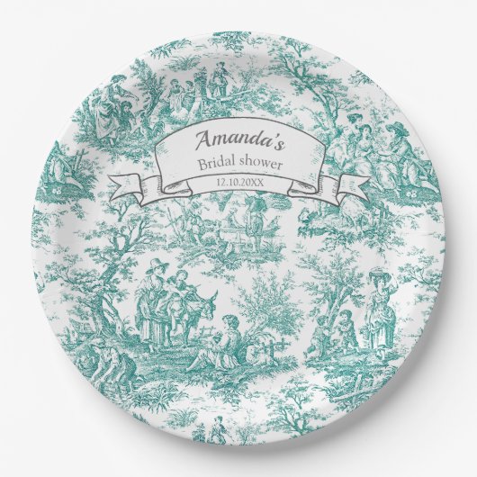Oude bloemmotief turquoise toile de jouy papieren bordje (Voorkant)