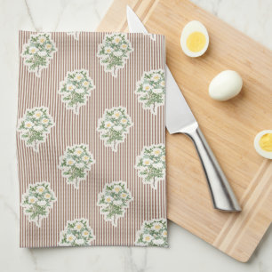 Oude Bloemmotief Witte Rozen Bruin Gestreepte Theedoek