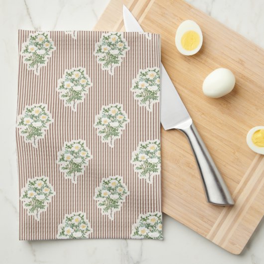 Oude Bloemmotief Witte Rozen Bruin Gestreepte Theedoek (Quarter Fold)