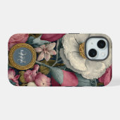 Oude bloempatroon met aangepaste naam iPhone 15 case (Achterkant horizontaal)