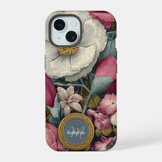Oude bloempatroon met aangepaste naam iPhone 15 case (Achterkant)