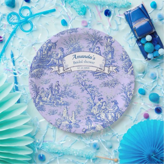 Oude bloemrijke blauwe paarse toile de jouy papieren bordje (Feest)