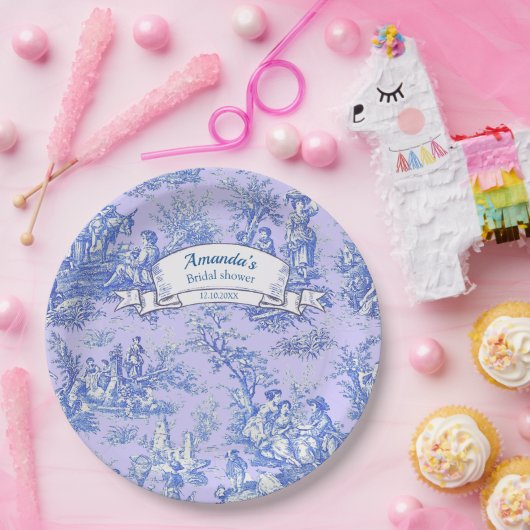 Oude bloemrijke blauwe paarse toile de jouy papieren bordje (Feest)