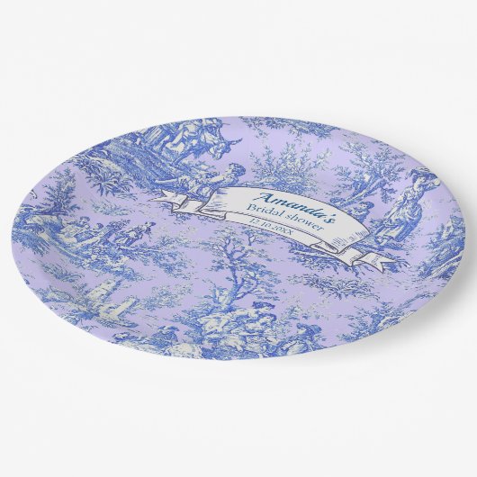 Oude bloemrijke blauwe paarse toile de jouy papieren bordje (Gekanteld)