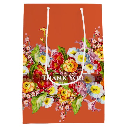 Oude bloemrijke lente primula's Chic Terracotta Medium Cadeauzakje (Achterkant)