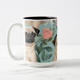 Oude Bloemrijke Pug Patroon Mooie Botanische Hond  Tweekleurige Koffiemok