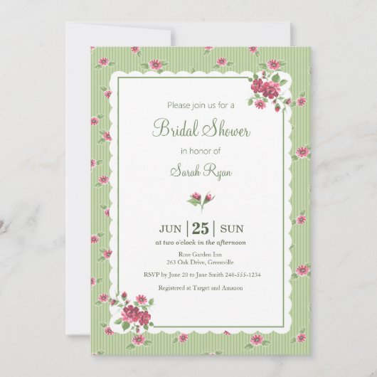 Oude Bloemrozen Roze Groene Gestreepte Aangepaste  Kaart (Voorkant)