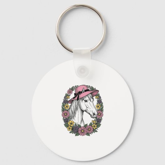 Oude Bloemschildering Paard Portret Vector Kunston Sleutelhanger (Voorkant)