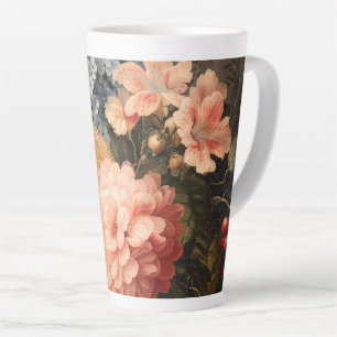 Oude bloemstilleven met rode en witte bloei latte mok