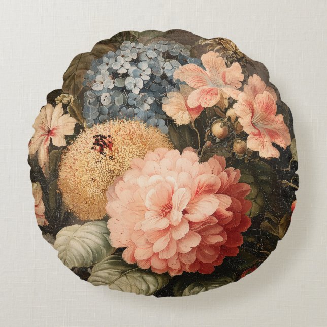 Oude bloemstilleven met rode en witte bloei rond kussen (Voorkant)