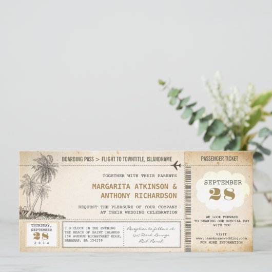 Oude Boarding Pass Vlucht bruiloft uitnodigingen (Staand voorkant)