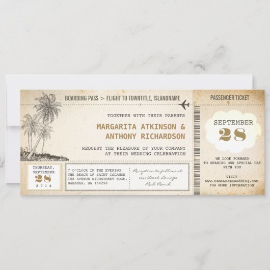 Oude Boarding Pass Vlucht bruiloft uitnodigingen (Voorkant)