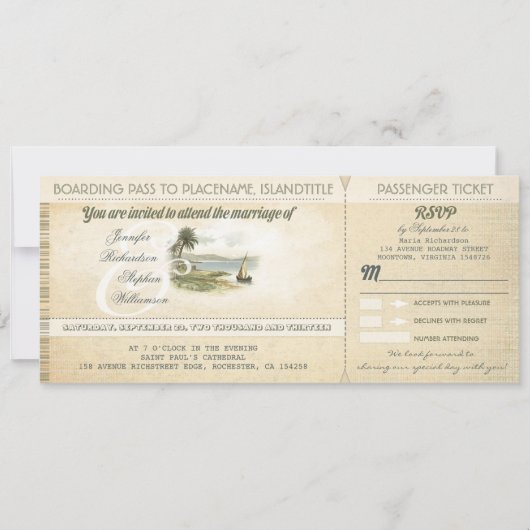 oude boardingpass strand bruiloft uitnodigingen me (Voorkant)