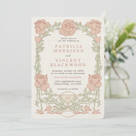 Oude boek Roos Lijst bruiloft uitnodiging (Staand voorkant)