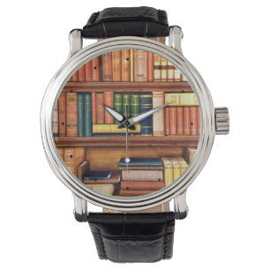 Oude boeken bibliotheek boekenplank horloge