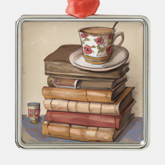 Oude  boeken en een kopje koffie metalen ornament (Voorkant)