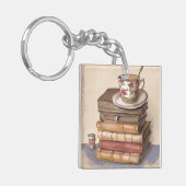 Oude  boeken en een kopje koffie sleutelhanger (Voorkant Links)