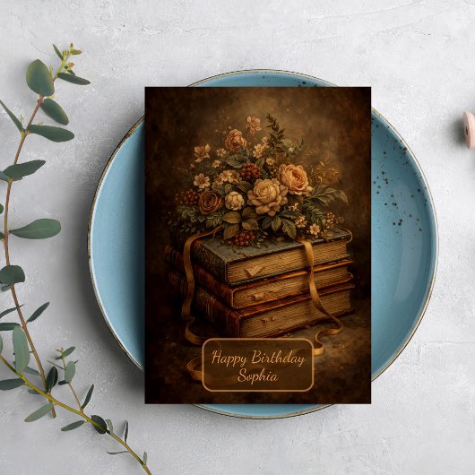 Oude boeken en herfstbloemen kaart