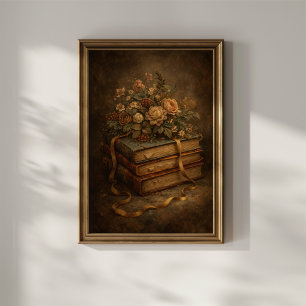 Oude boeken en herfstbloemen poster