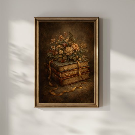 Oude boeken en herfstbloemen poster