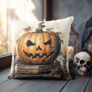 Oude boeken en JackOLantern Halloween Kussen