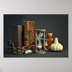 Oude boeken en zandloper poster