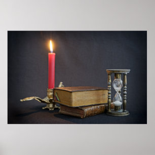 Oude boeken en zandloper poster
