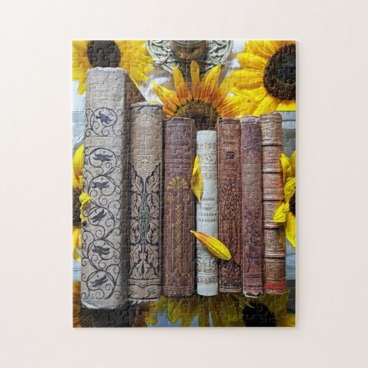 Oude boeken en zonnebloemen legpuzzel (Verticaal)