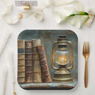 Oude Boeken Stapels Schilderij Antieke Bibliotheek Papieren Bordje