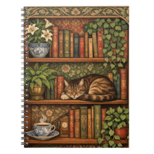 Oude boekenkast met kat en koffie notitieboek