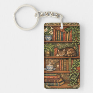 Oude boekenkast met kat en koffie sleutelhanger