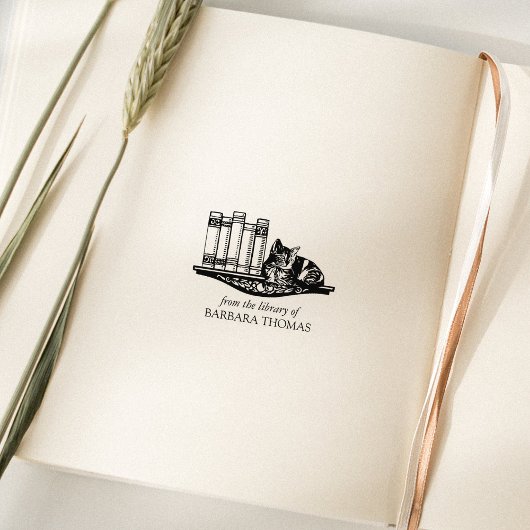 Oude Boekenplank Kat Uit De Bibliotheek Van Rubberstempel