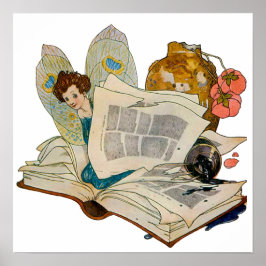 Oude Boekenwurm Fee Leest Illustratie Poster