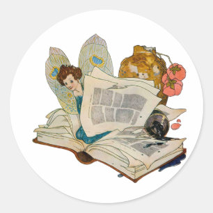 Oude Boekenwurm Fee Leest Illustratie Ronde Sticker